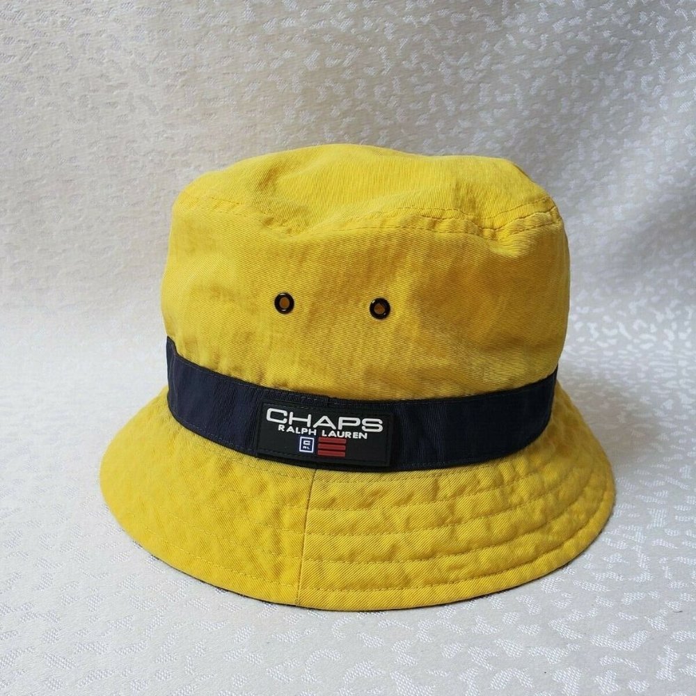 Vintage Ralph Lauren Chaps Fishing, Bucket Hat, RL CP-93 Flag Patch,Yellow/Blue